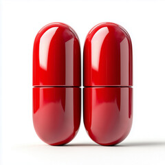 Close-up of two red capsules placed vertically and parallel to each other. White background.