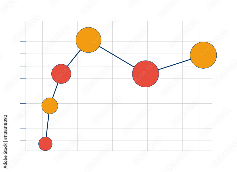 Poster bubble chart with data points on grid 2d cartoon object. market trend visualization comparative. abs