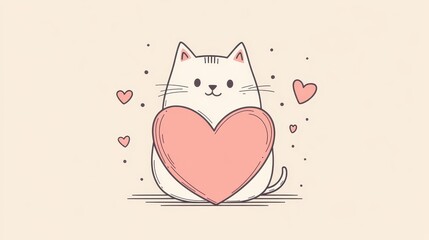 Minimalist Cat Illustration Holding Heart in Simple Line Art Style for Heartwarming Design Projects and Prints