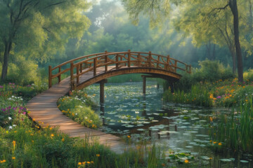 Fototapeta premium Wooden bridge over a pond in a tranquil garden with water lilies and wildflowers.