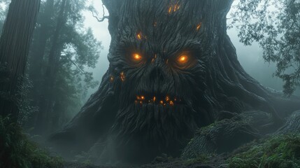 A massive forest monster resembling a tree with glowing eyes walking through the Redwood National Park © FairValue Stock