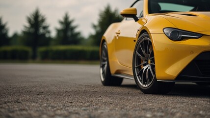 sports car, copy space for banner, yellow car side half view, cinematic look