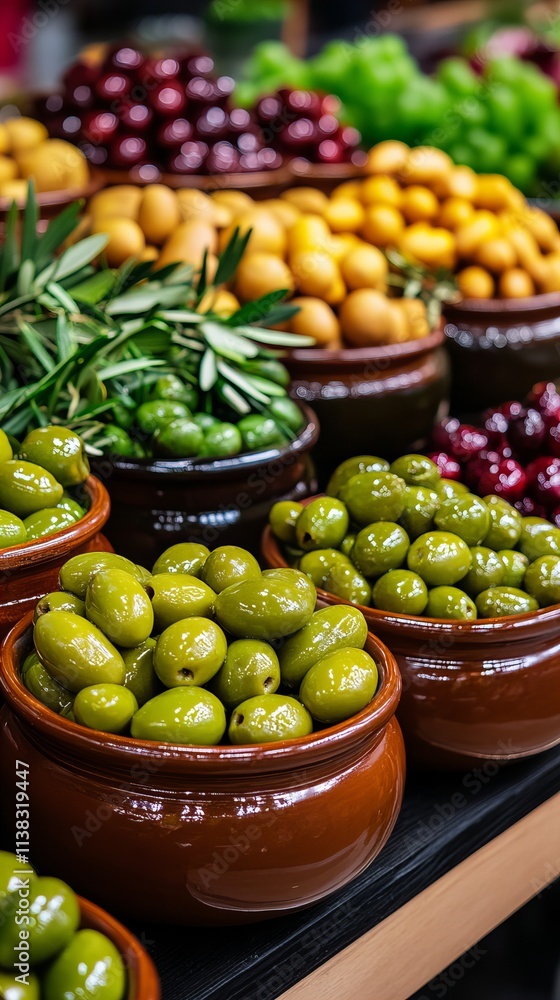 Poster a vibrant display of assorted olives in terracotta bowls at a market, showcasing an array of colors 
