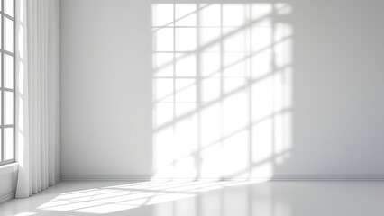 Authentic wall featuring a gobo shadow. Shadows cast by the window frame and blinds on a white studio background with a vector set of the lightning effect overlay.