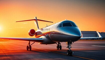 A private jet on the tarmac, with its sleek silver exterior and distinctive shape visible. The jet appears to be parked and ready for takeoff, with the background suggesting an airport or airfield set