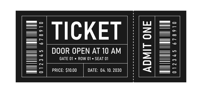 Ticket for Event or Program Access. Retro black ticket concert and festival event, movie theater coupon.