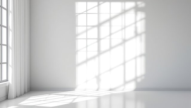 Authentic wall featuring a gobo shadow. Shadows cast by the window frame and blinds on a white studio background with a vector set of the lightning effect overlay.