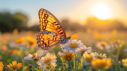 Obraz premium A butterfly rests on daisies in a sunlit field, capturing the beauty of nature.