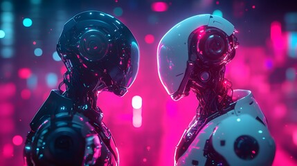Fototapeta premium Neon-lit robots face off, a futuristic clash of metallic bodies. Intriguing details and vibrant hues.