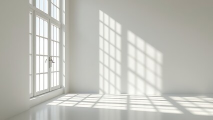 Obraz premium Authentic wall featuring a gobo shadow. Shadows cast by the window frame and blinds on a white studio background with a vector set of the lightning effect overlay.