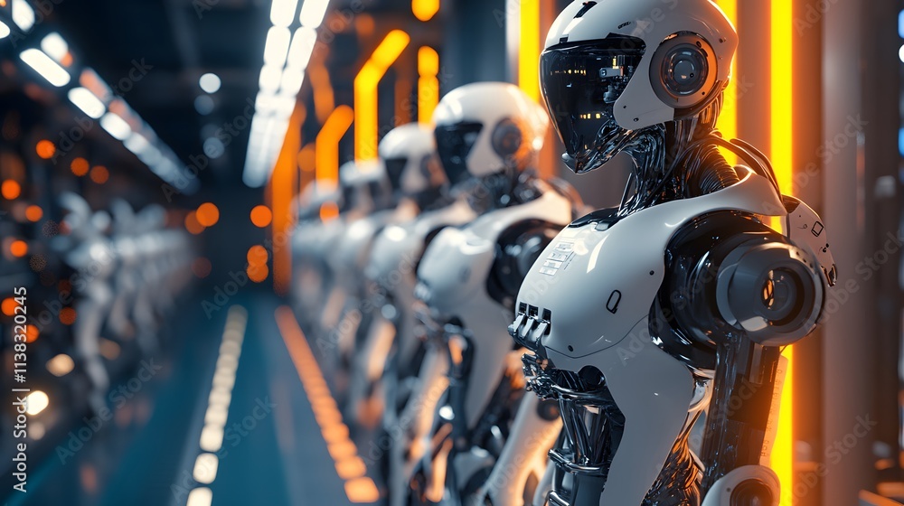 Poster advanced robots stand in line, ready for tasks. futuristic factory, glowing orange lights illuminate