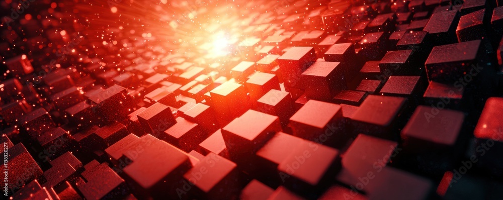Poster abstract glowing cubes stacking and shifting in a dynamic red landscape with lights