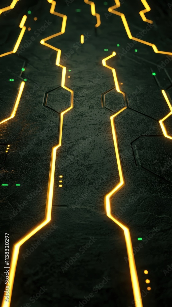 Poster glowing circuit traces on dark surface with intricate design and depth perspective