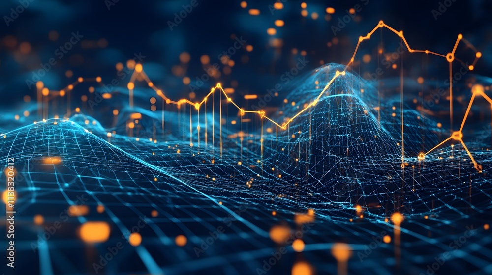 Poster abstract data visualization: a dynamic, glowing mesh landscape with vibrant orange lines charting ec