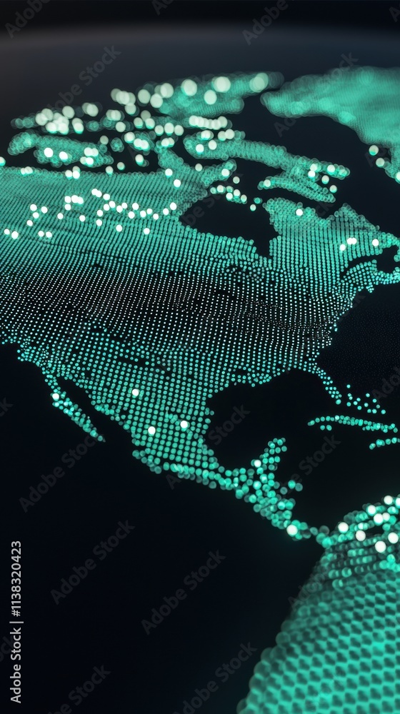 Poster vibrant digital world map with glowing pulsating points for data visualization and analysis