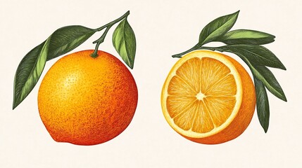 Vibrant Hand-Drawn Citrus Fruits with Green Foliage on Neutral Background