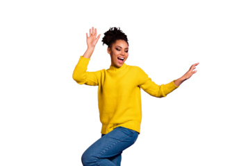 Portrait of cool teen teenager raise hands party maker scream shout wear yellow pullover denim jeans isolated over purple violate background