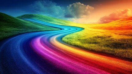 Naklejka premium Vibrant Rainbow Road winds through lush green and golden hills under a dramatic, colorful sky. A journey of dreams!