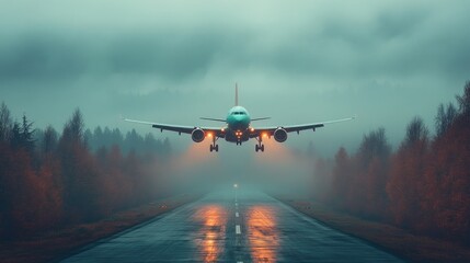 Fototapeta premium Airplane landing in foggy, rainy weather over forest.