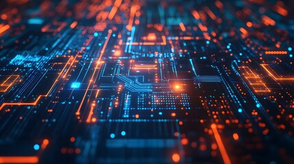 Glowing digital pathways illuminate a futuristic tech landscape, vibrant orange and blue hues create a dynamic energy.