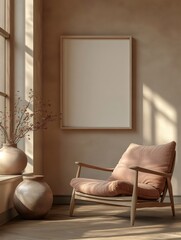 Sunlit room showcasing a minimalist interior with an empty frame, comfortable armchair, decorative vases, and warm, earthy tones