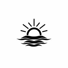 Vector illustration of a sunrise or sunset symbol icon over the ocean waves. Perfect for travel, summer or nature themes in branding and design projects.