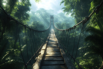 Rope bridge over foggy jungle.