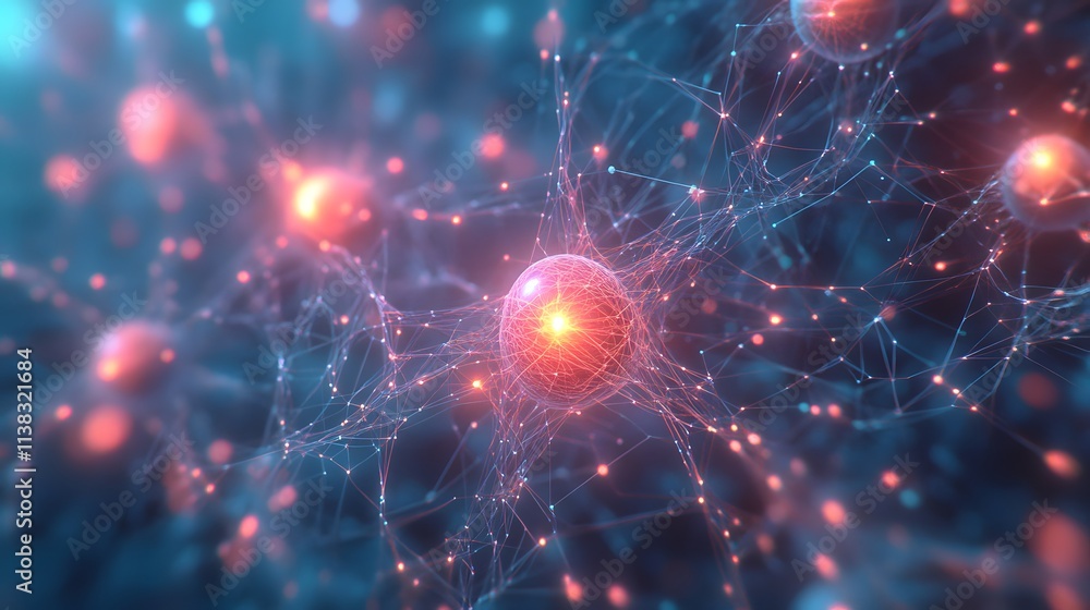 Poster glowing neural network: a mesmerizing visualization of interconnected nodes, radiating energy and co