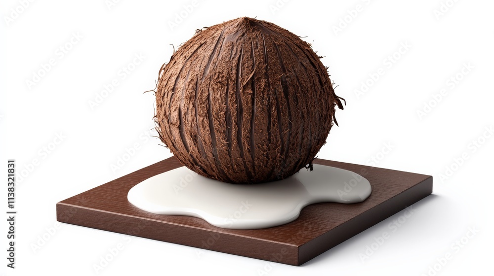 Poster coconut on chocolate square: a whole coconut rests on a square of dark chocolate with a pool of whit