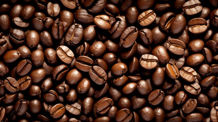 Obraz premium Creative coffee banner panorama wallpaper, seamless pattern texture - Top view of brown roasted coffee beans, top view