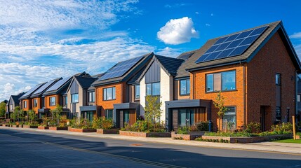 Naklejka premium Modern Housing Complex with Solar Panel Roofs Under Bright Blue Skies
