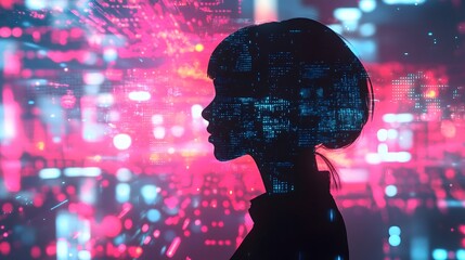 A woman's silhouette merges with a digital world, vibrant hues paint a futuristic landscape of data streams and glowing pixels.