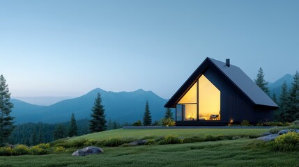 Modern house in a serene mountain landscape at dusk.