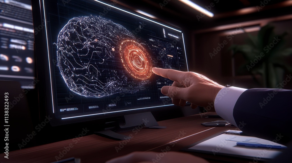 Poster futuristic interface data analysis global network hand interaction