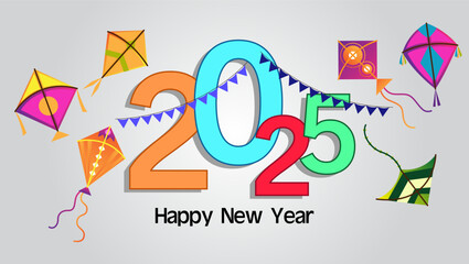 A festive New Year 2025 design featuring bold colorful 2025 surrounded by vibrant kites a string of flags and Happy New Year text blending Makar Sankranti's joyous spirit