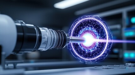 Futuristic device emitting energy in a high-tech environment.