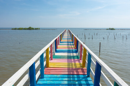 
Colorful rainbow wooden bridge, a coastal community near Wat Kaew Mongkol and Ban Chay Talay Kalong School, Samut Sakhon
