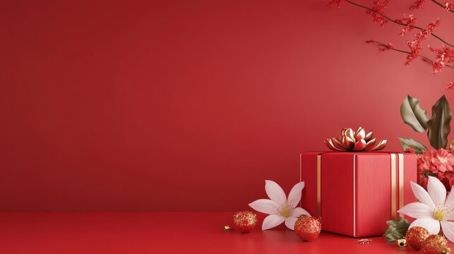 Red background with gift box and flowers, Chinese elements, with copy space