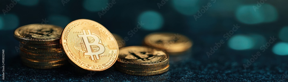 Poster a close-up view of bitcoin coins resting on a surface, highlighting their shiny texture against a bl