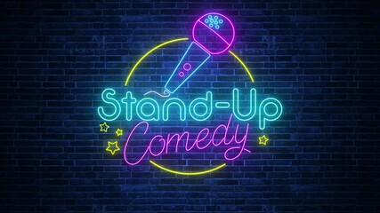 stand up comedy night show sign neon lights on brick wall background animation, bar and club comedy and humor show party motion background