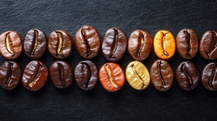 Coffee beans varieties displayed on black slate coffee tasting event detailed view food presentation culinary exploration
