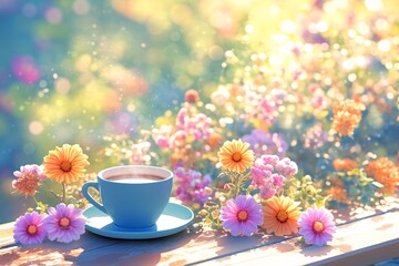 Cozy Coffee Moment in Blooming Outdoor Cafe Setting