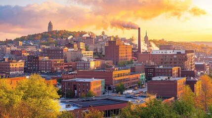 Obraz premium Cityscape at Sunset with Smoky Industrial Charm