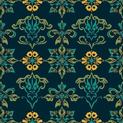Obraz premium Elegant Damask Pattern: Teal and Gold Floral Design 