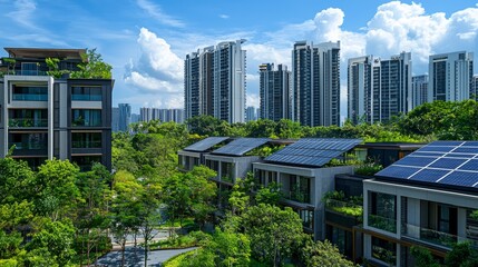 Obraz premium Modern Green City with Solar Panel Rooftops and Urban High-Rises