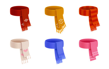 3D scarf. Winter Christmas cloth. Tied warm accessory for cold snow season. New year knit clothing. Sport fan fashion. Cozy knitwear. Woolen textile. Striped garment. Vector realistic set