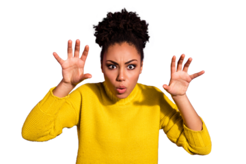Close up photo of scary beautiful teenager scream shout boo raise hands showing palms isolated over violet background
