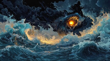 A massive sea monster with glowing eyes emerging from turbulent ocean waves under a stormy night sky © FairValue Stock