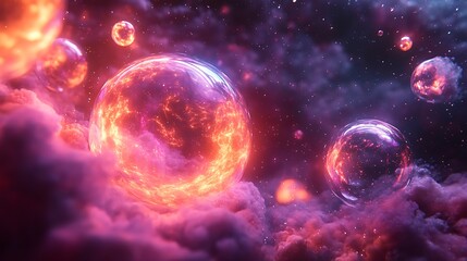 Fiery orbs float amidst swirling purple nebula clouds