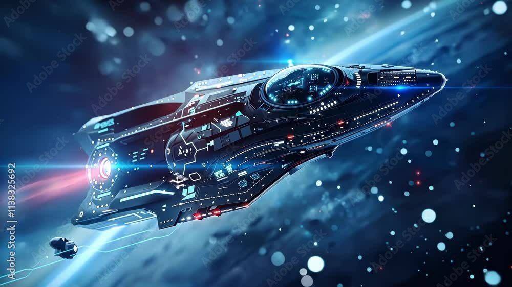 Poster advanced spaceship navigating through cosmic dust and particles, showcasing futuristic technology an